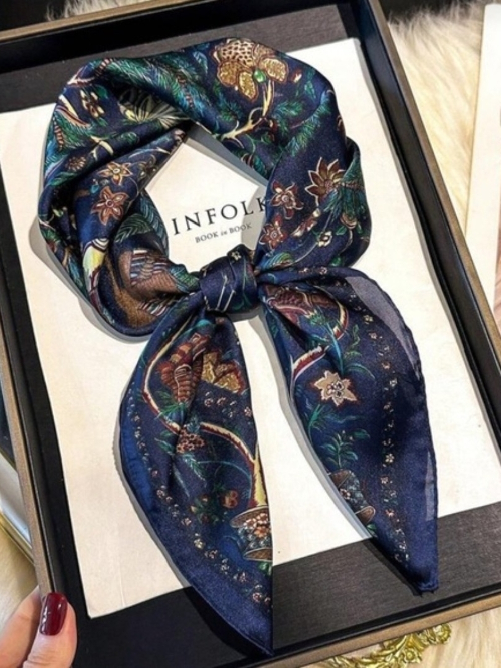 Anthropologie Classic Navy Gold and Green Floral Silk Scarf
